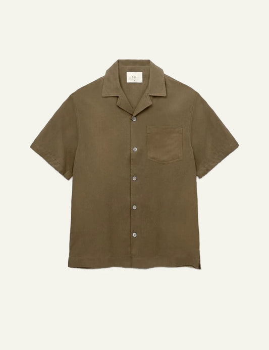 Che brown tencel shirt short sleeve camp collar chest pocket front
