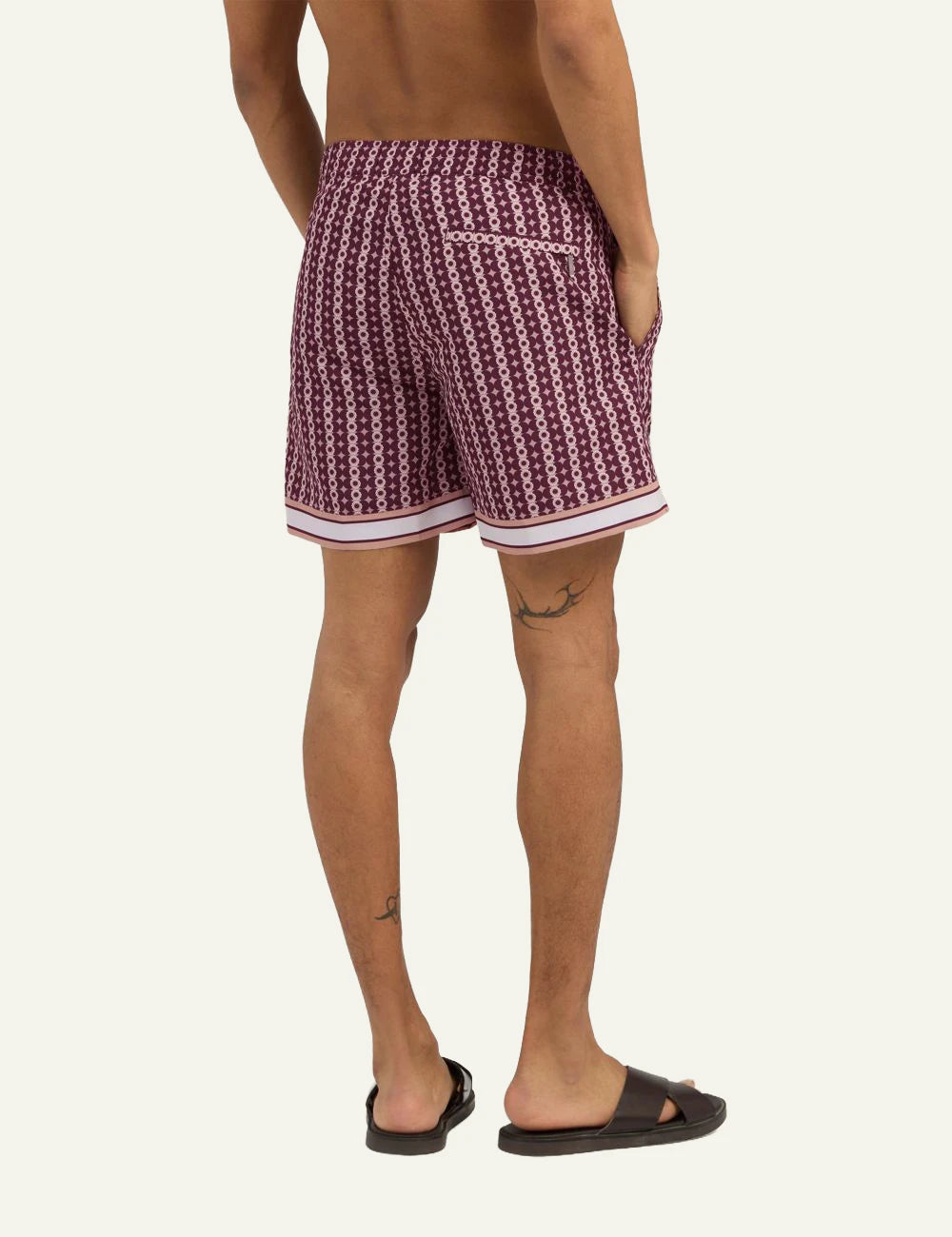 Che burgundy printed magio geometric pattern summer swim shorts back