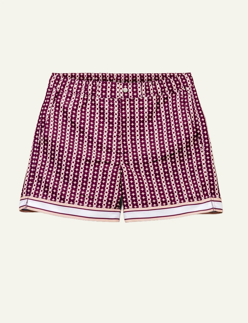 Che burgundy printed magio geometric pattern summer swim shorts front