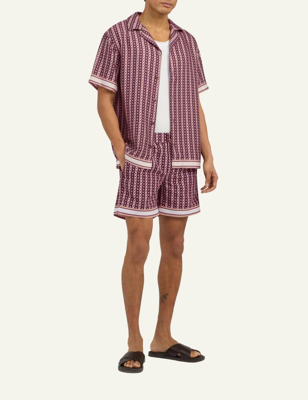 Che burgundy printed magio geometric pattern summer swim shorts front full body