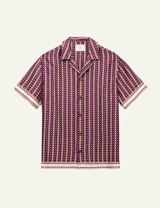 Che burgundy printed poukamiso camp collar geometric pattern front
