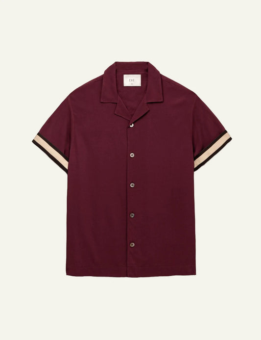 Che burgundy short sleeve shirt stripe sleeve detail front