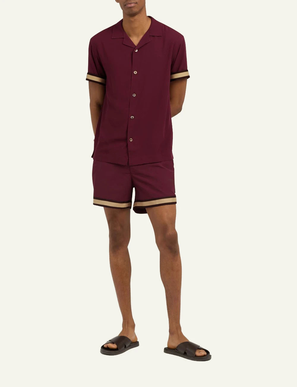 Che burgundy short sleeve shirt stripe sleeve detail front full body