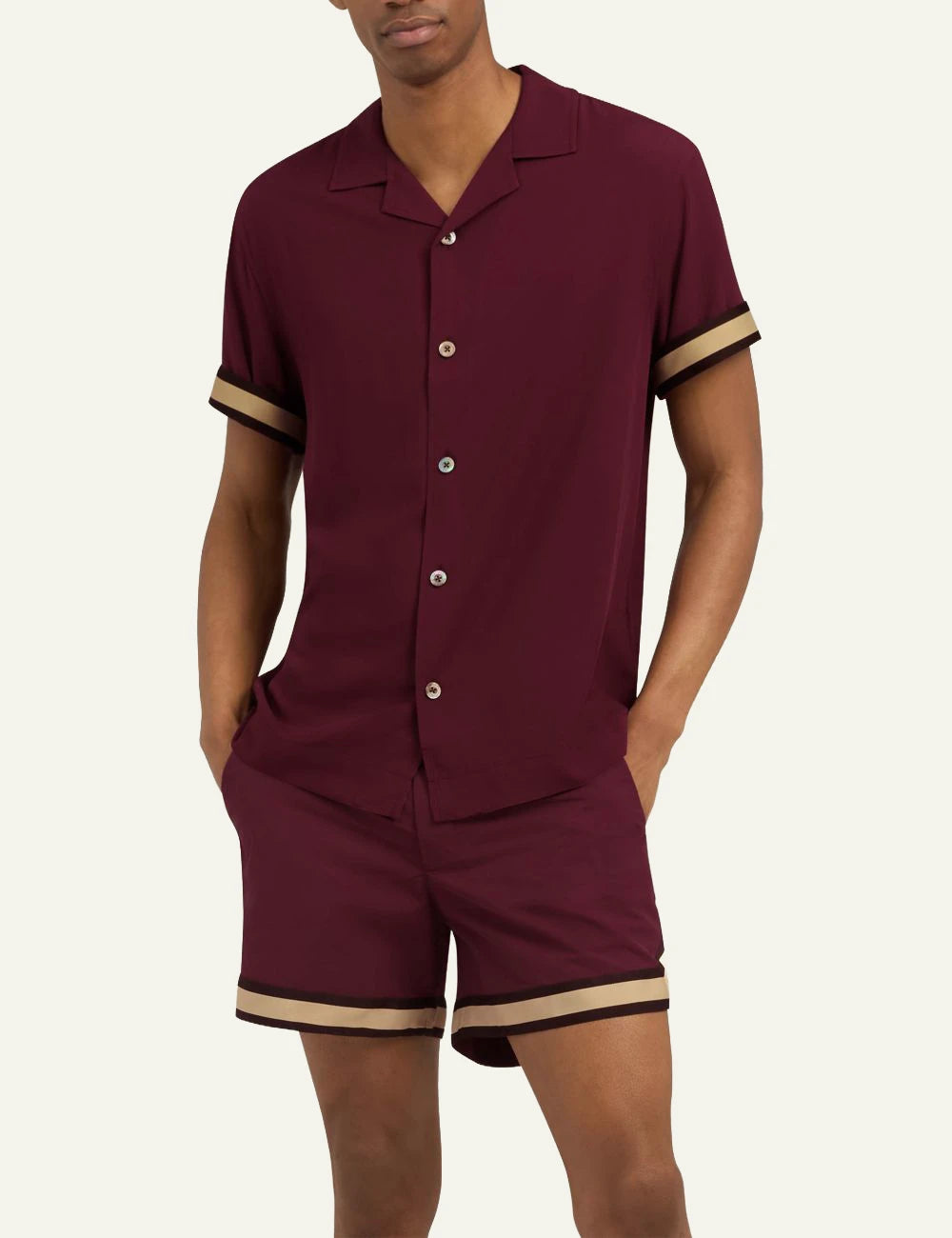 Che burgundy short sleeve shirt stripe sleeve detail front model
