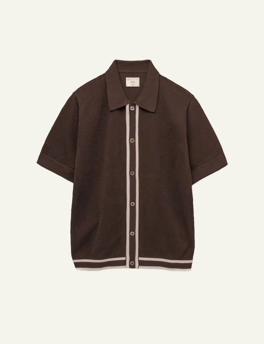 Che chocolate brown knitted polo stripe placket front
