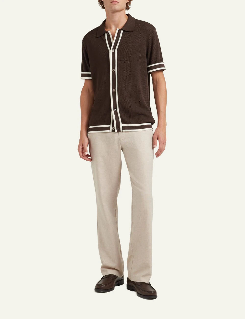 Che chocolate brown knitted polo stripe placket front full body