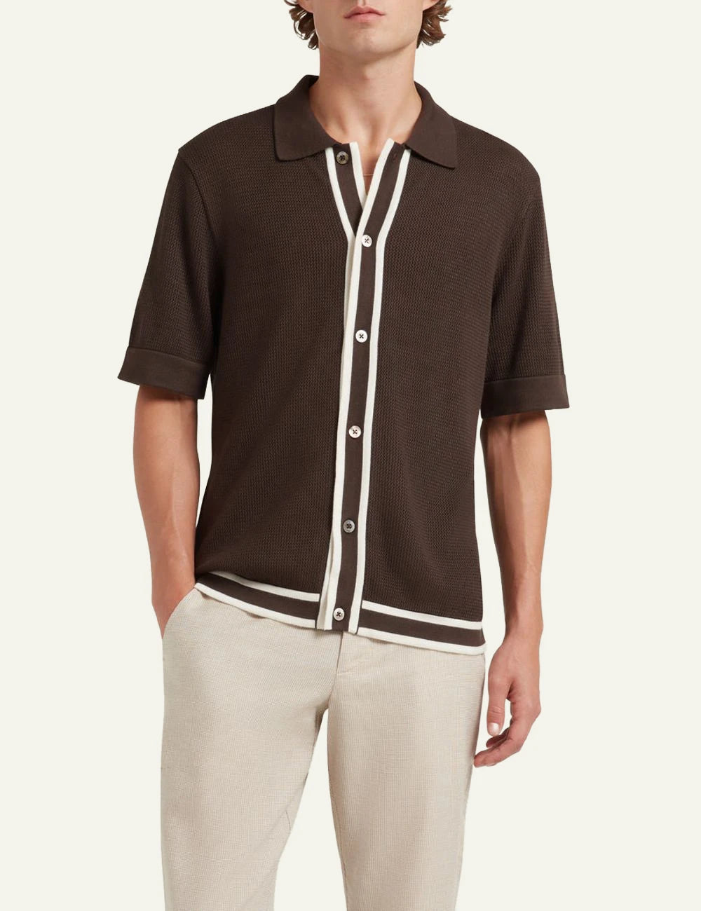 Che chocolate brown knitted polo stripe placket front model