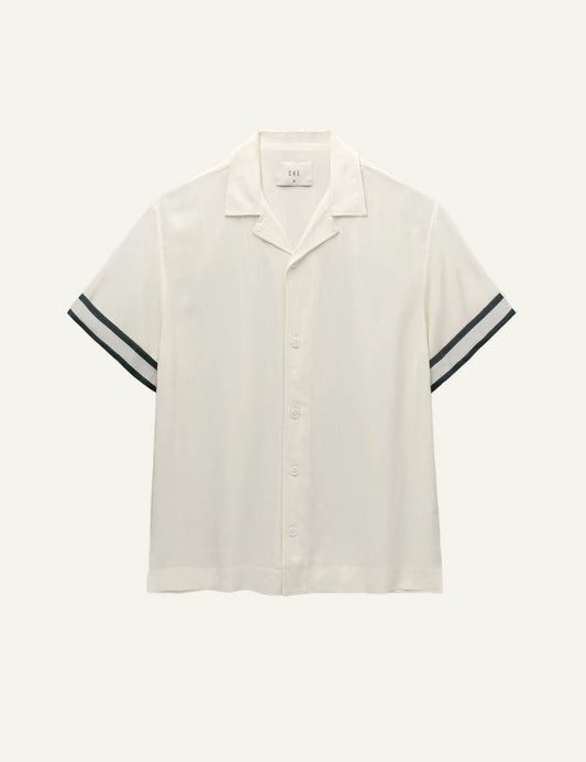 Che ecru camp collar poukamiso short sleeve contrast trim clean front