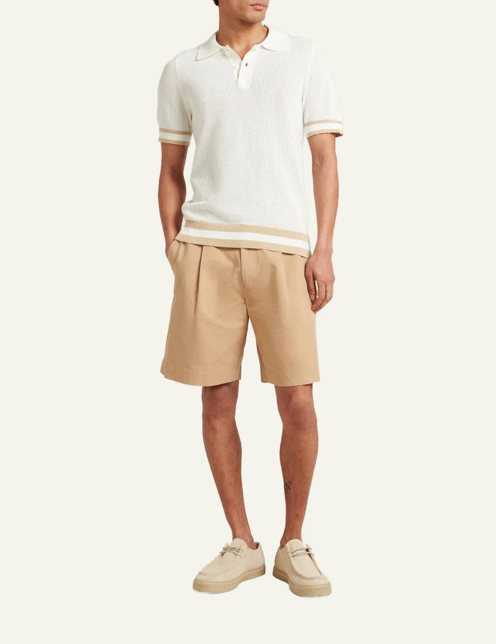 Che ecru knitted polo t-shirt perforated texture contrast hem front full body