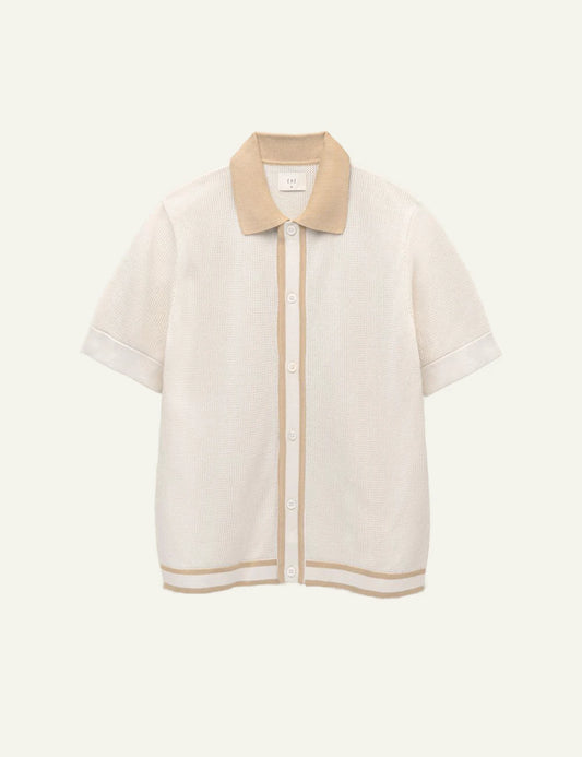 Che ivory knitted polo stripe placket front