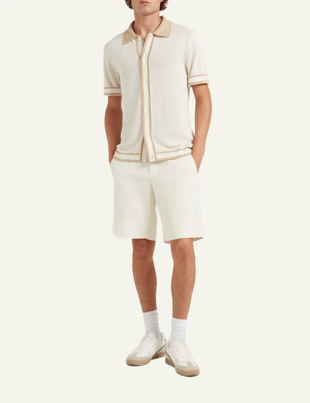 Che ivory knitted polo stripe placket front full body