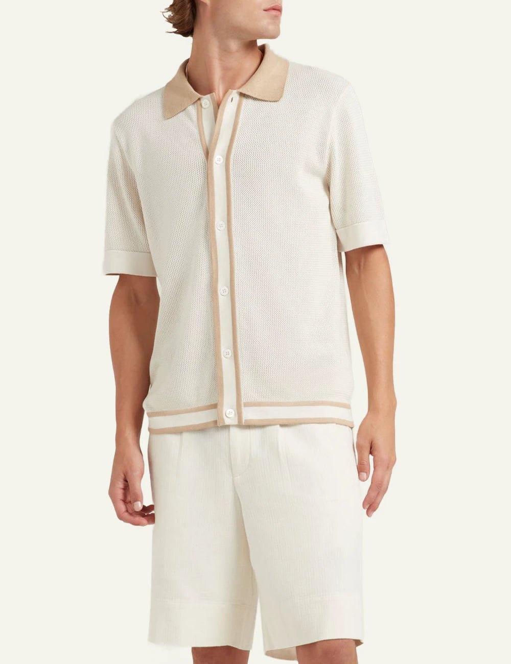 Che ivory knitted polo stripe placket front model