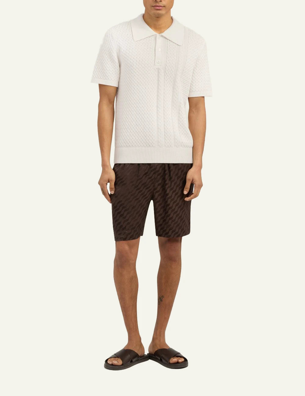 Che navy ripple knit polo textured short sleeve open collar front full body