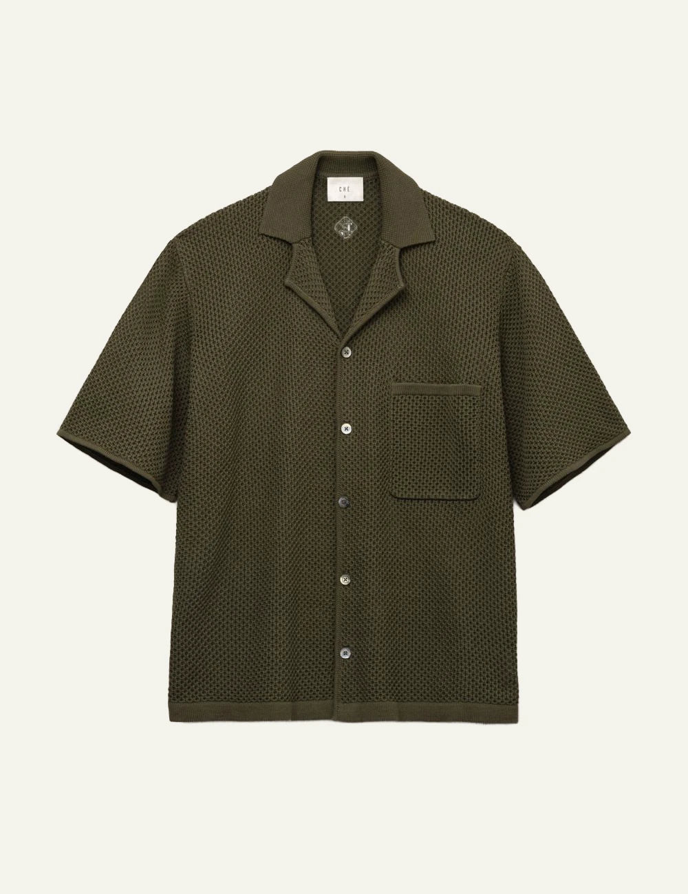 Che khaki knitted shirt open weave texture front