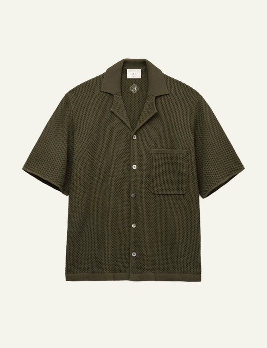 Che khaki knitted shirt open weave texture front