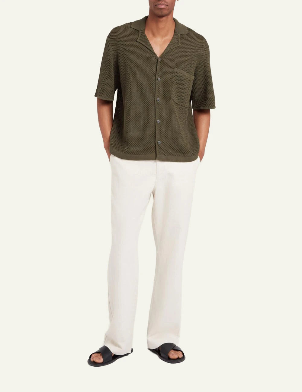 Che khaki knitted shirt open weave texture front full body