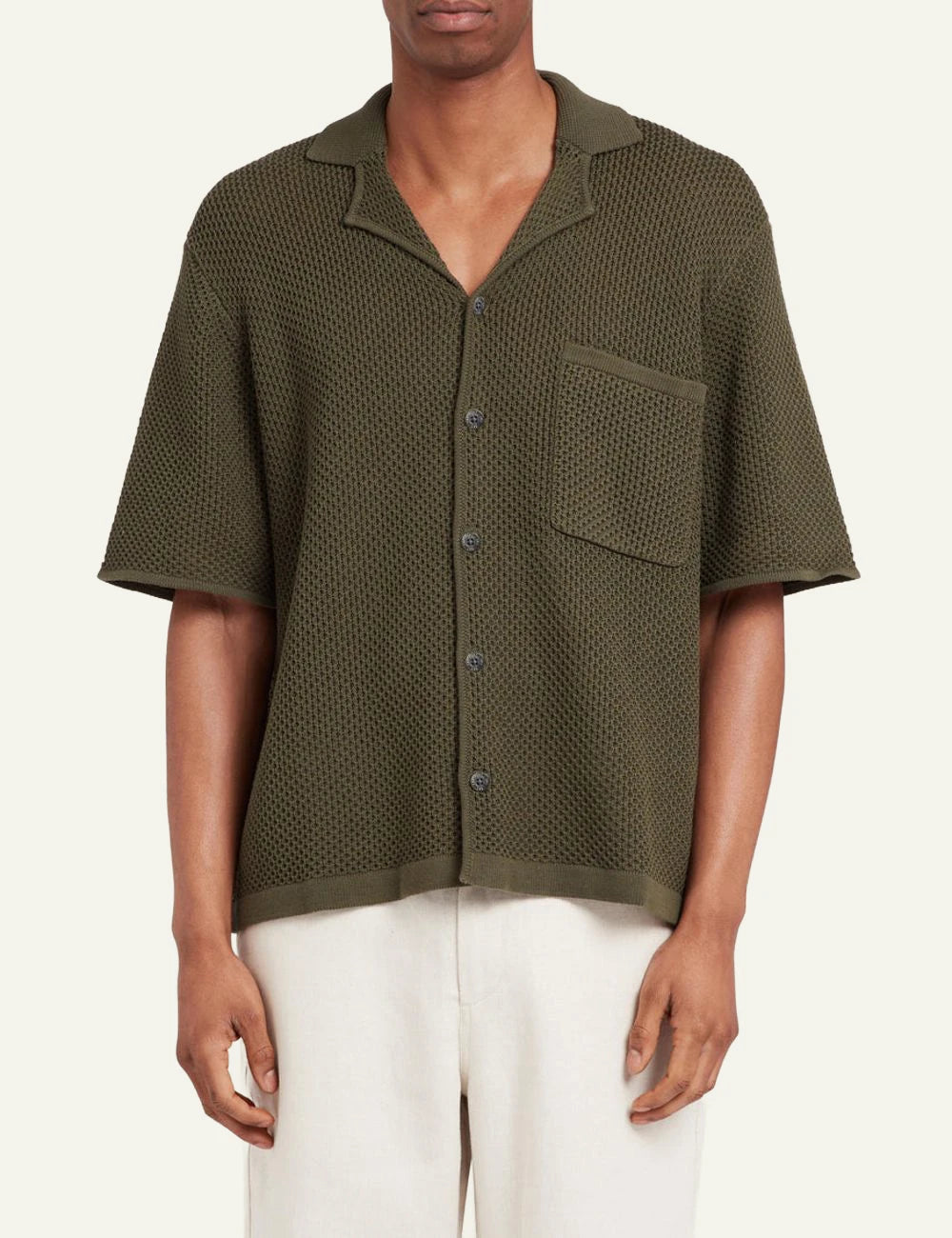 Che khaki knitted shirt open weave texture front model