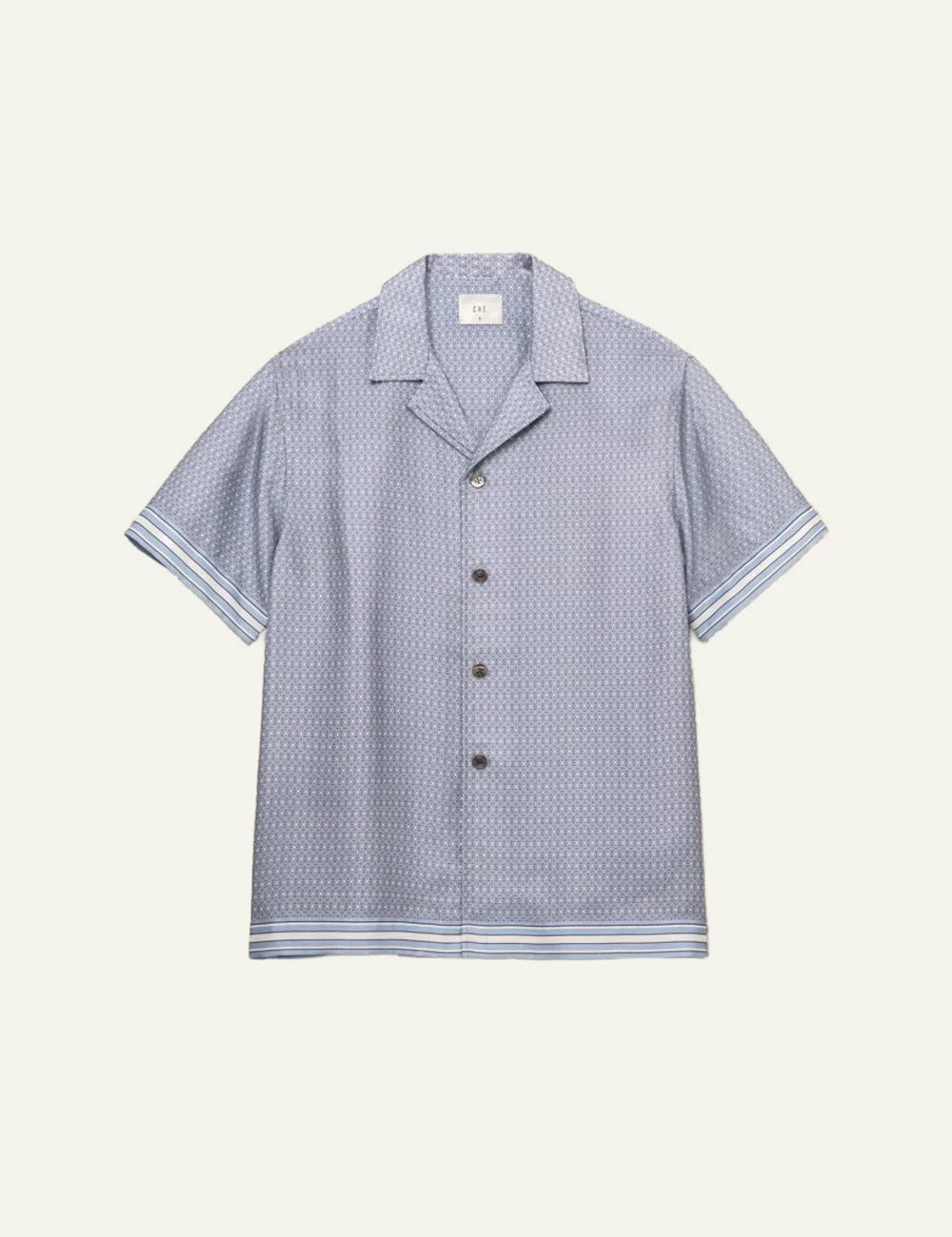 Che light blue printed poukamiso camp collar striped sleeve detail front