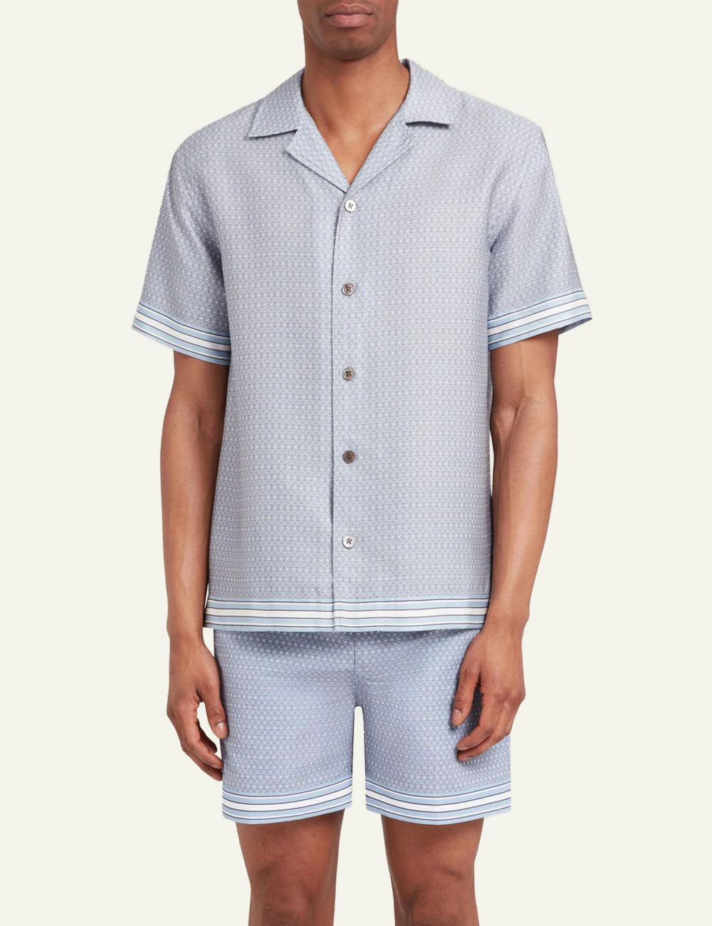 Che light blue printed poukamiso camp collar striped sleeve detail front model