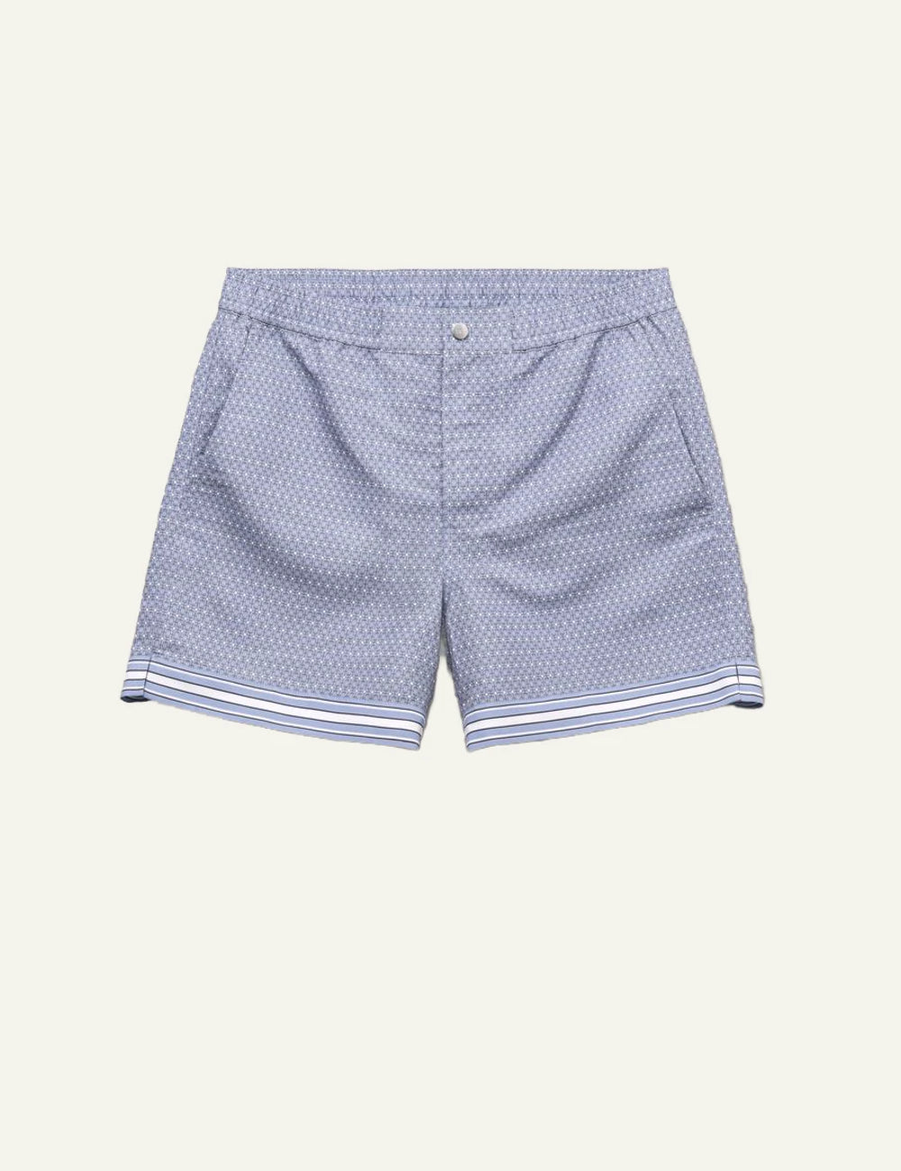 Che light blue printed magio swim shorts striped hem detail front