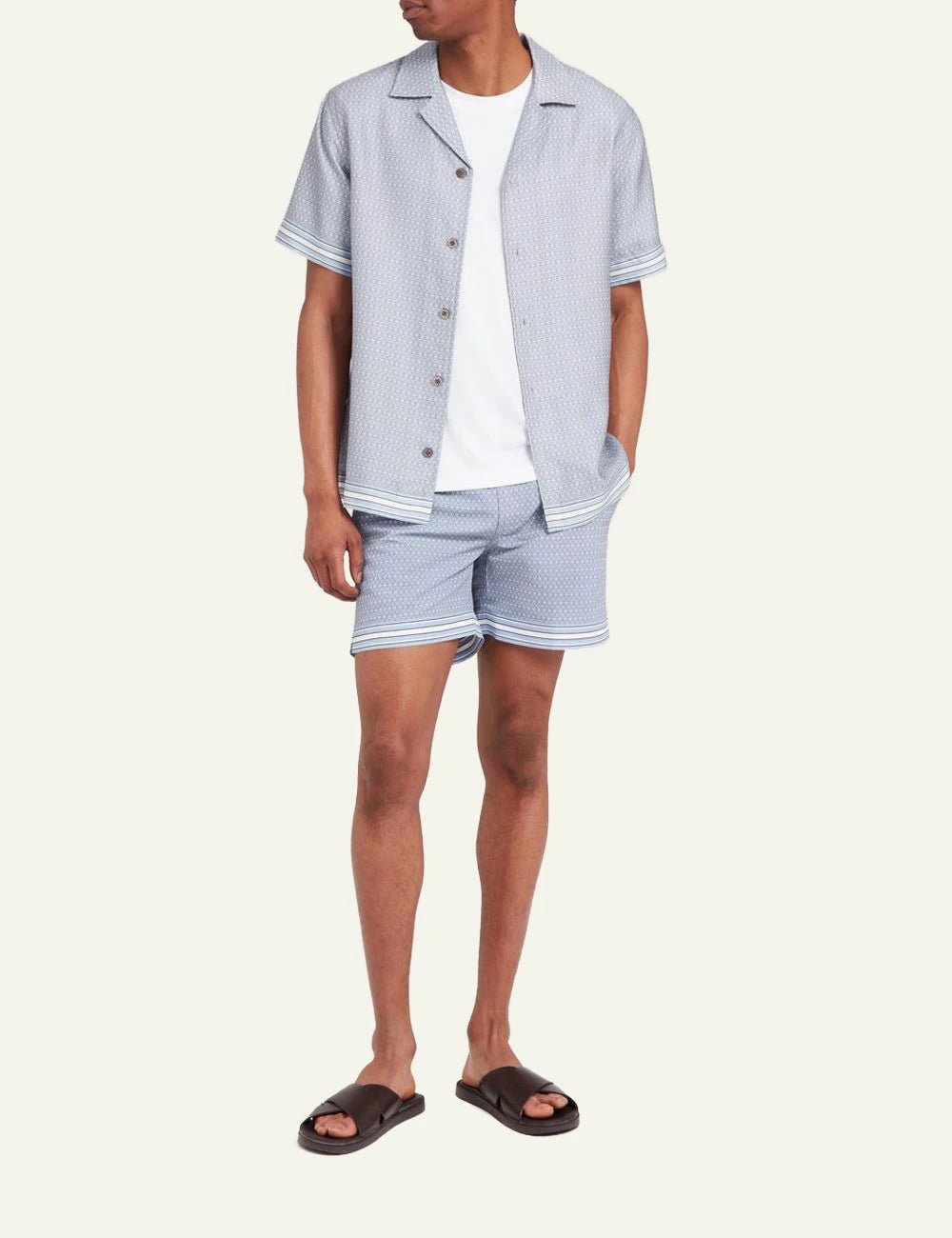 Che light blue printed magio swim shorts striped hem detail front full body