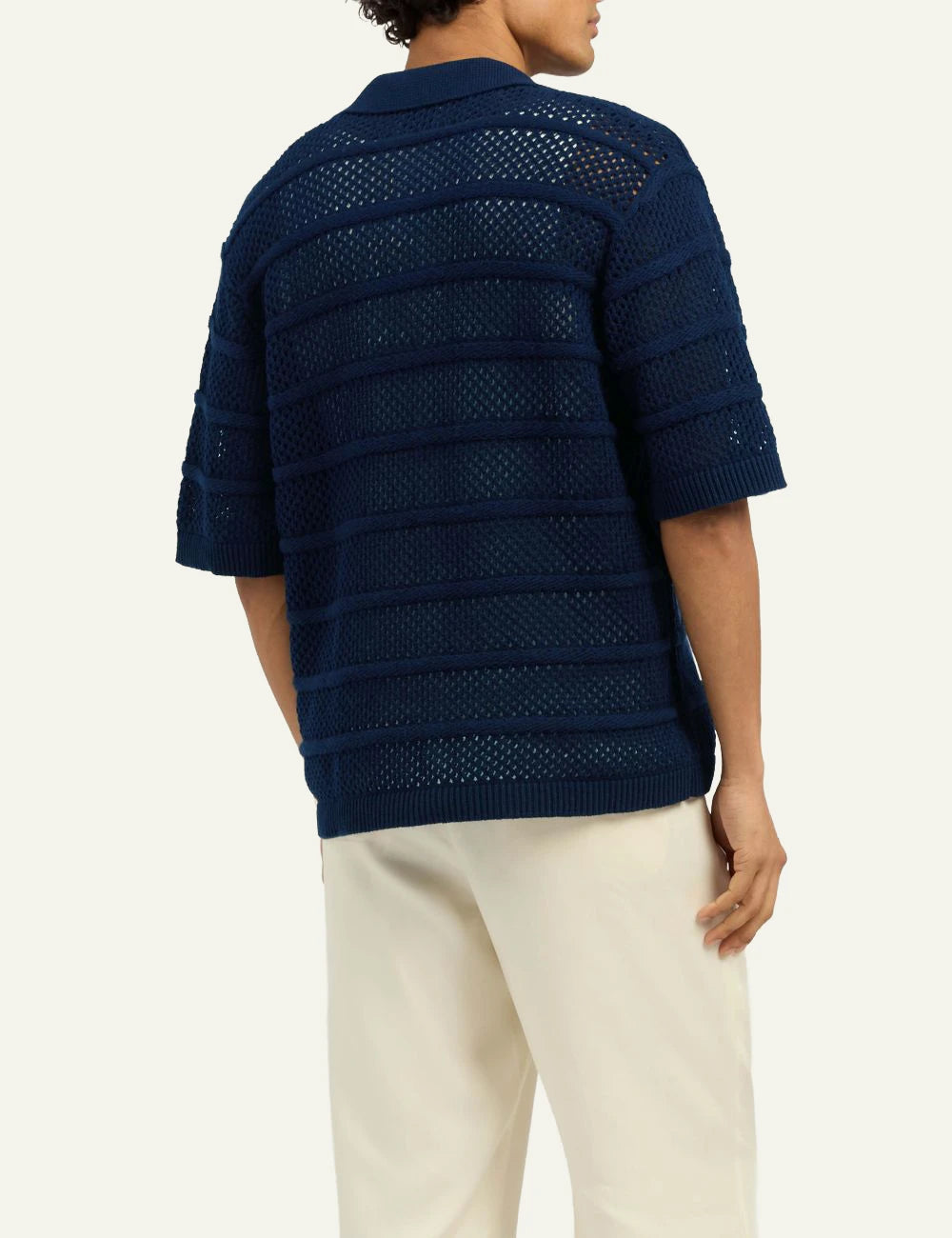Che navy knitted shirt open weave texture back