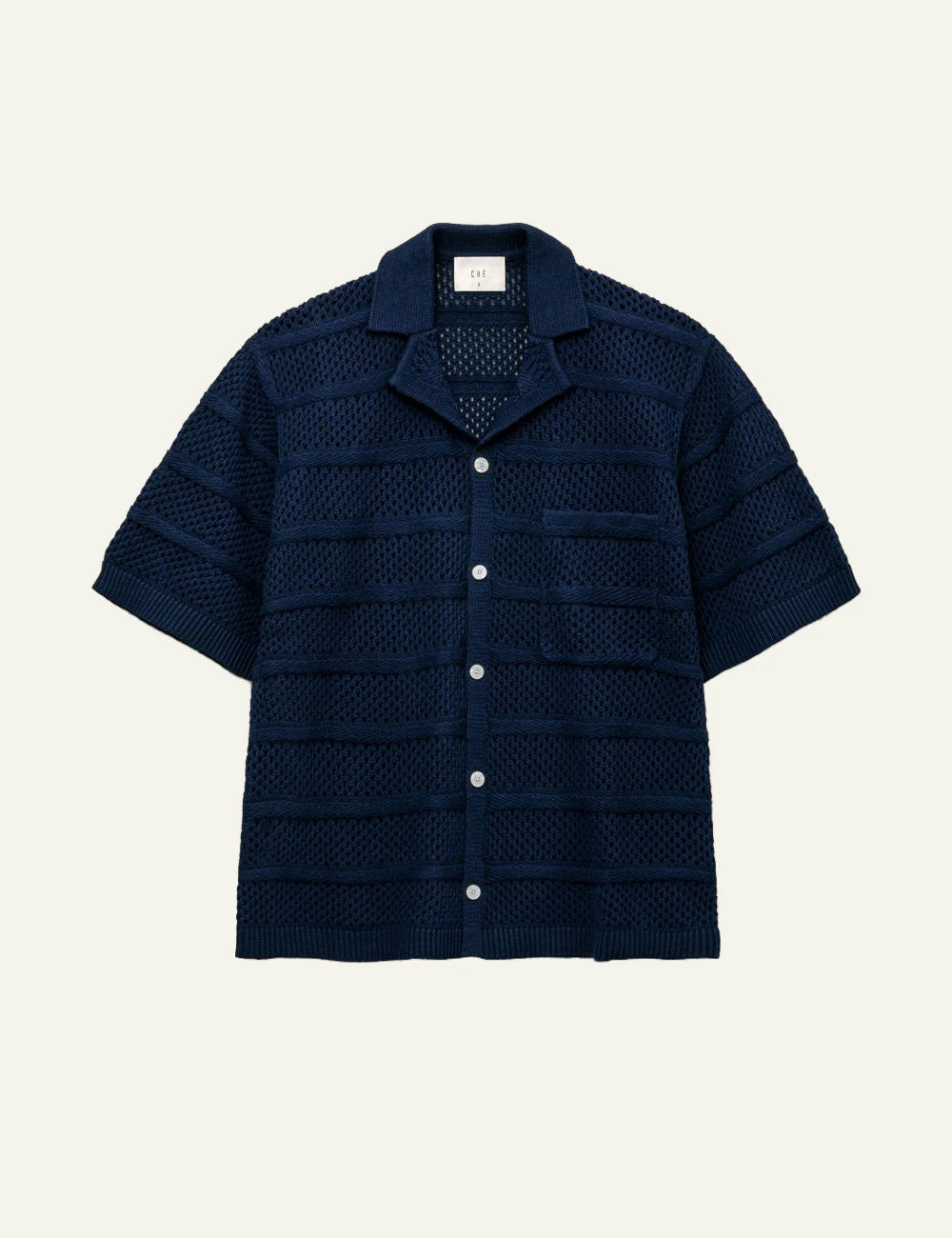 Che navy knitted shirt open weave texture front