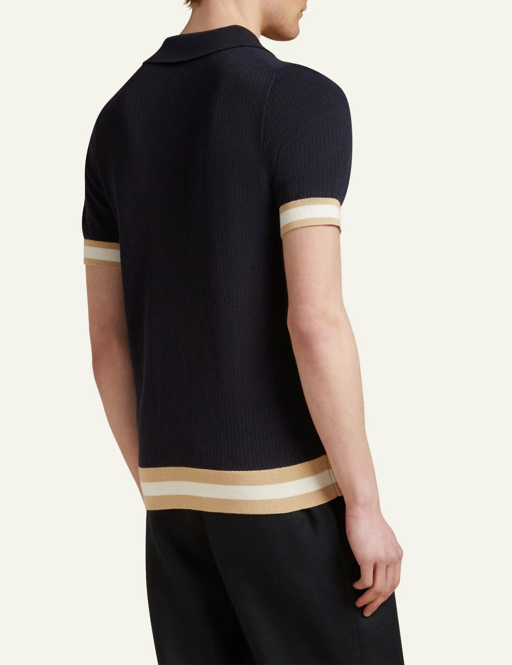 Che navy knitted polo t-shirt perforated texture contrast hem back