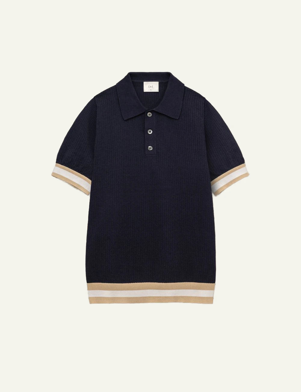 Che navy knitted polo t-shirt perforated texture contrast hem front