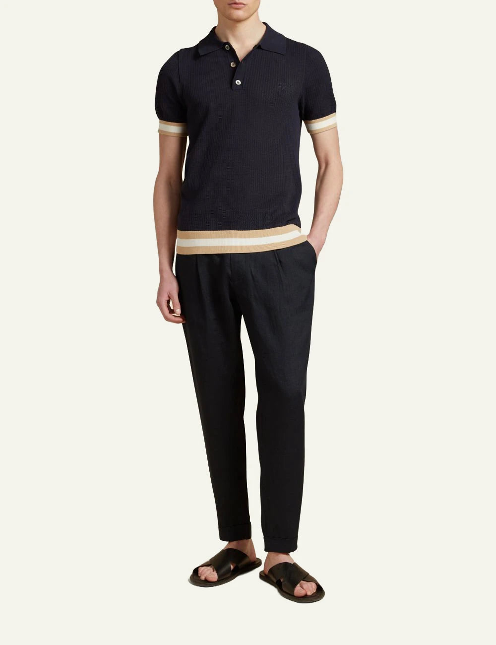 Che navy knitted polo t-shirt perforated texture contrast hem front full body