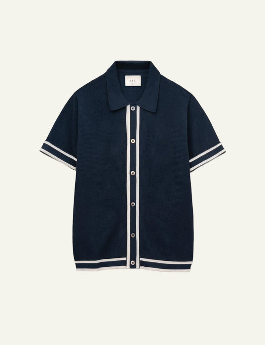 Che navy knitted polo stripe placket front