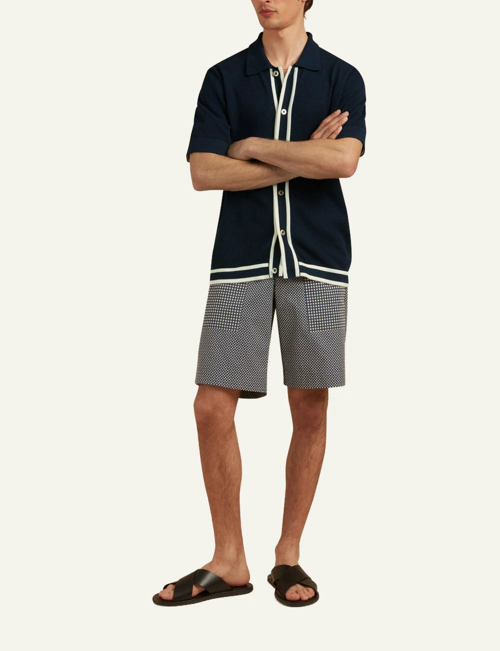 Che navy knitted polo stripe placket front full body