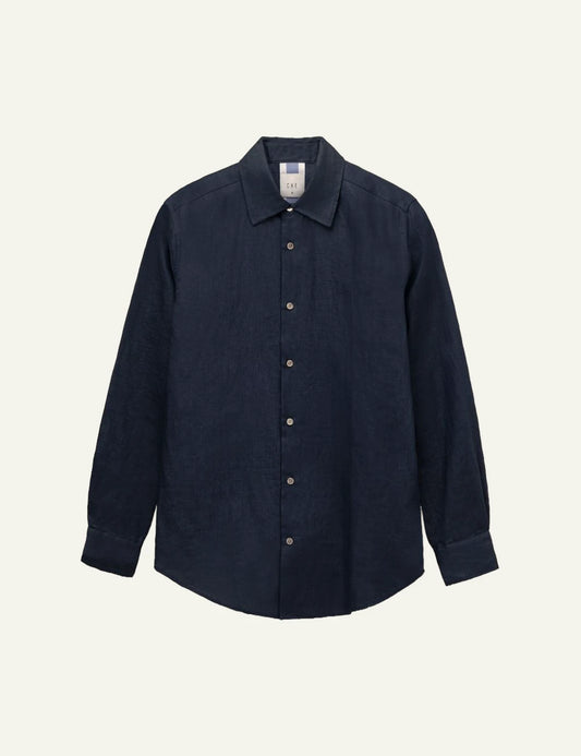 Che navy linen shirt slim fit long sleeve front