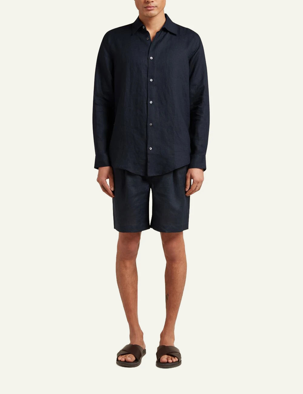 Che navy linen shirt slim fit long sleeve front full body