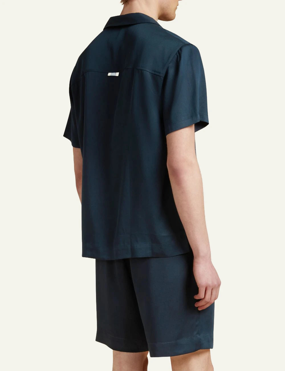 Che navy tencel shirt short sleeve camp collar chest pocket back