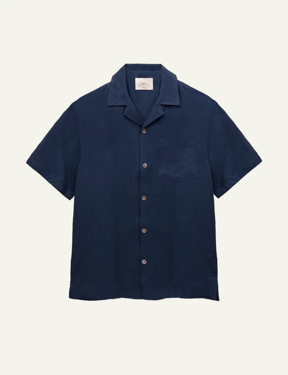 Che navy tencel shirt short sleeve camp collar chest pocket front