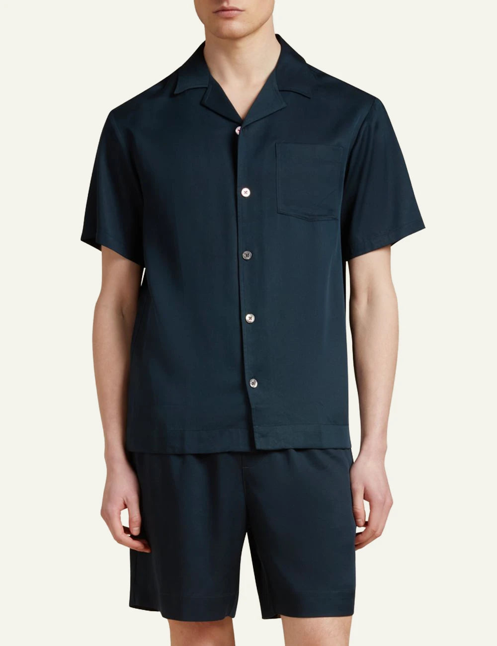 Che navy tencel shirt short sleeve camp collar chest pocket front model