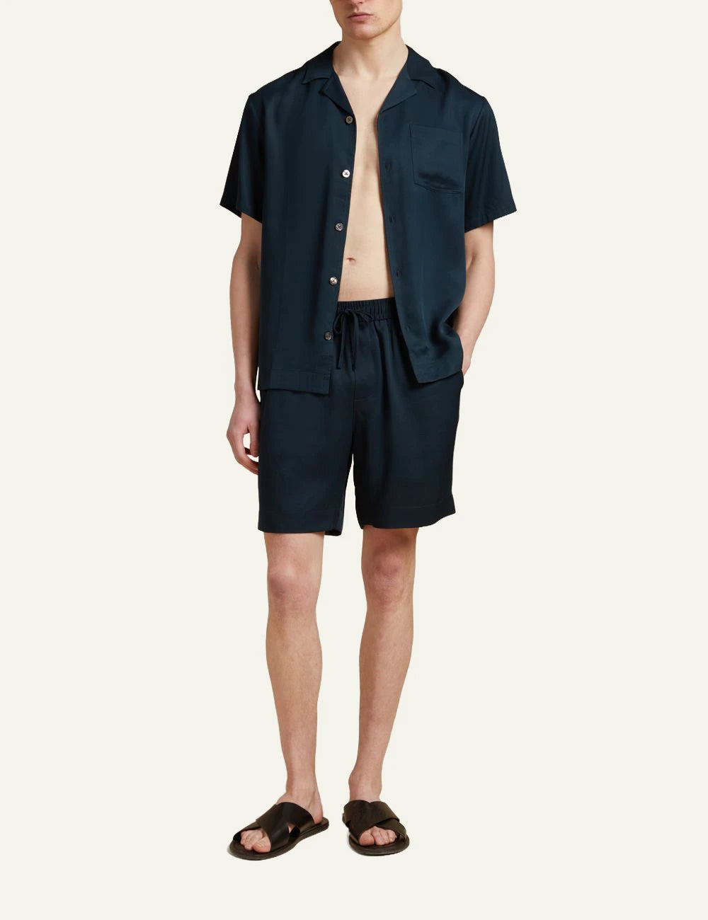 Che navy tencel shorts elastic waist drawstring relaxed fit front full body