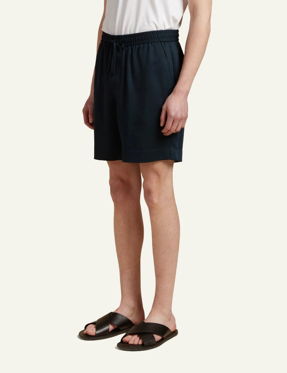 Che navy tencel shorts elastic waist drawstring relaxed fit side