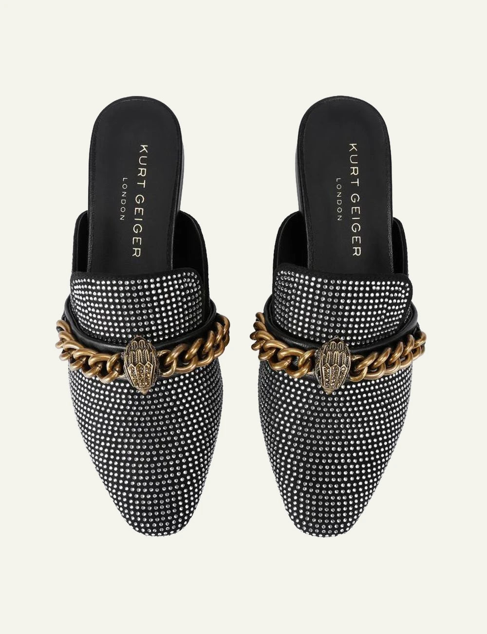 Kurt Geiger Chelsea black strass mules top view