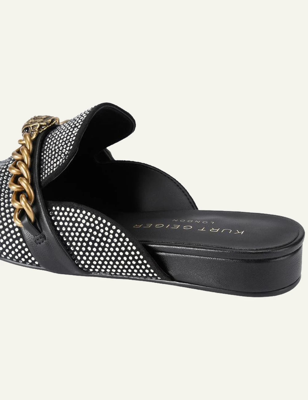 Kurt Geiger Chelsea black strass mules back angled view
