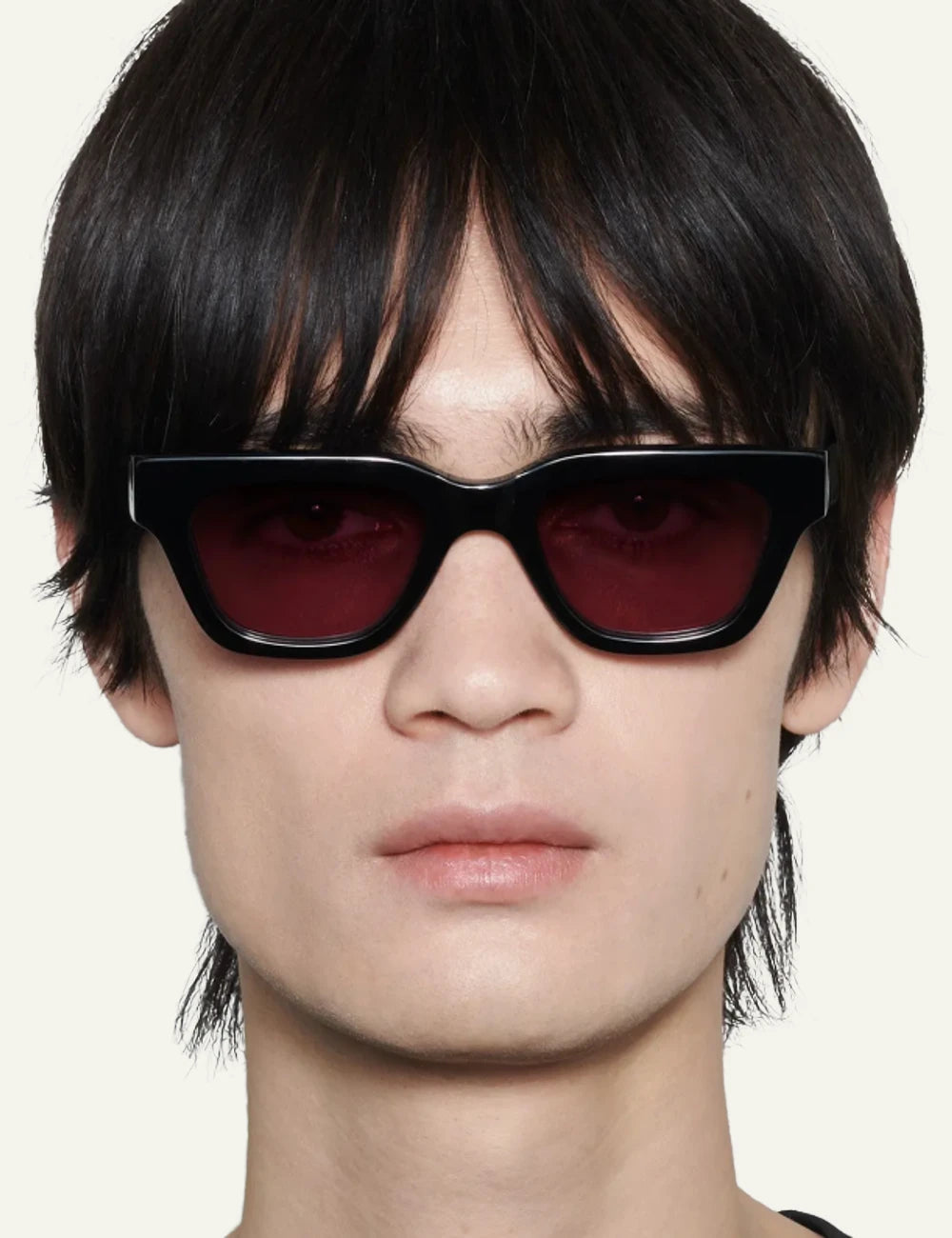 Chimi 11 Lab Black sunglasses with light purple lenses front view worn by model