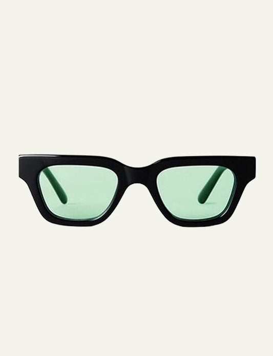 Chimi black geometric sunglasses with green lenses front view