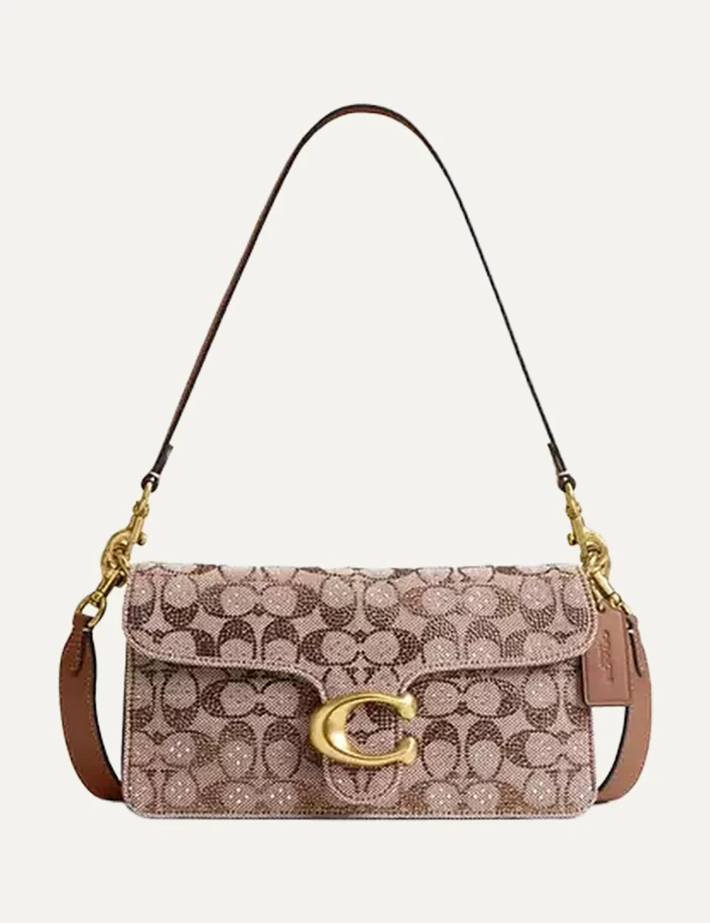 Coach women beige brown Signature jacquard shoulder bag with gold C logo