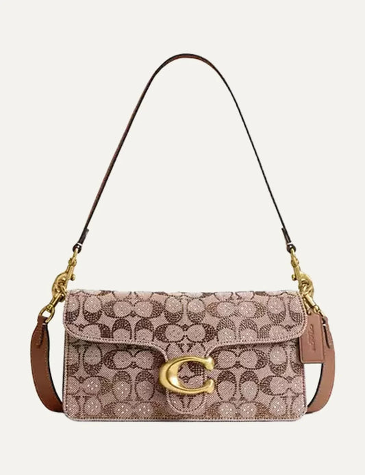 Coach women beige brown Signature jacquard shoulder bag with gold C logo