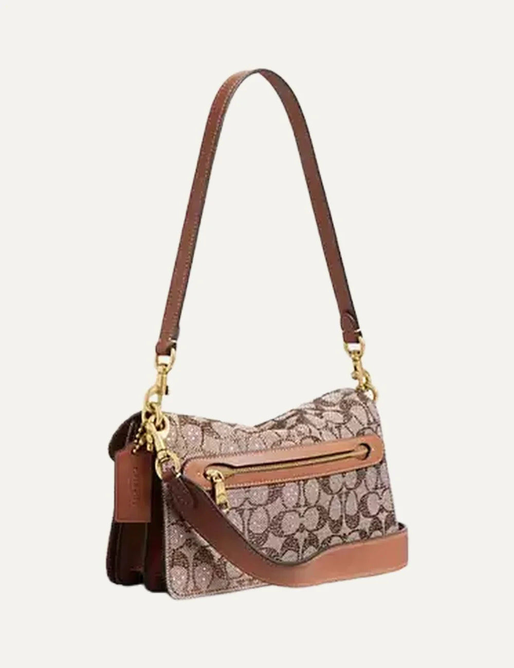 Coach women beige brown Signature jacquard shoulder bag with gold C logo back