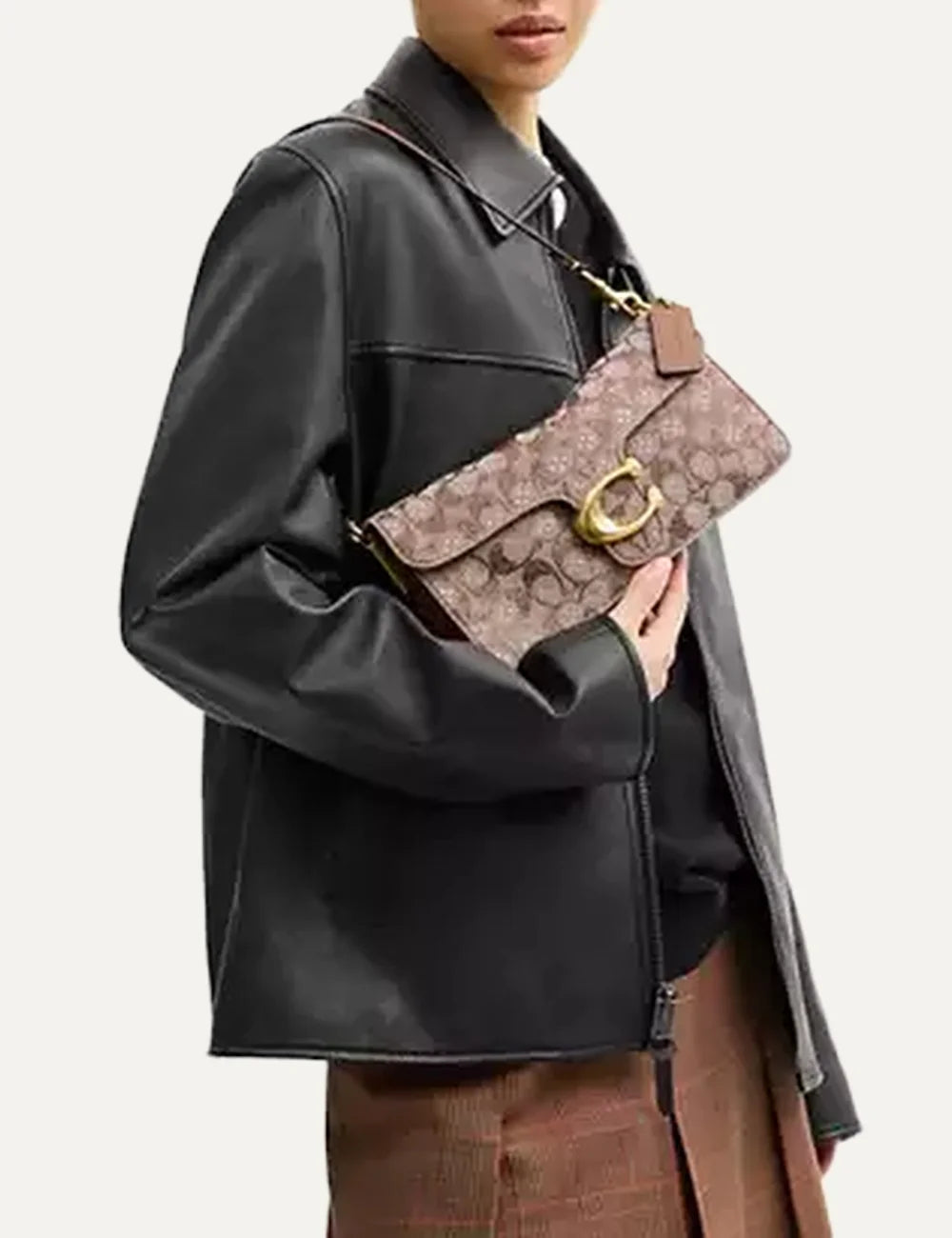 Coach women beige brown Signature jacquard shoulder bag with gold C logo detail