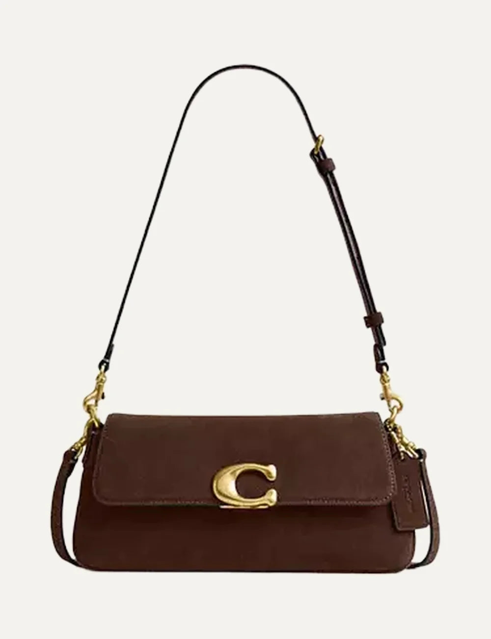 Coach women brown suede leather shoulder bag with gold C logo