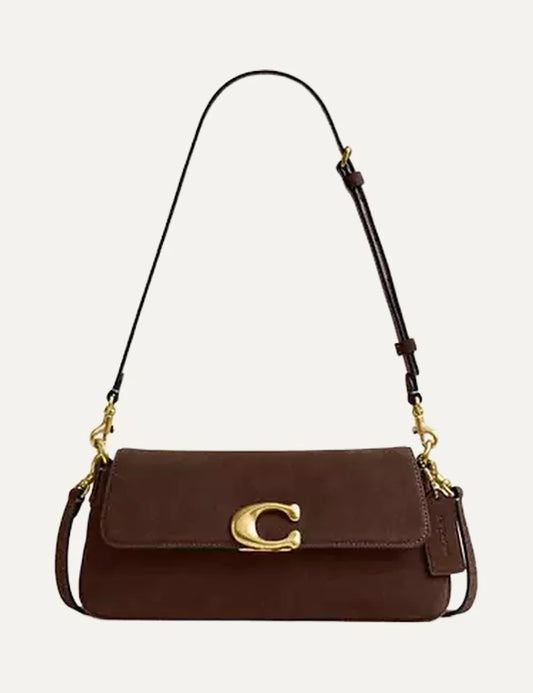 Coach women brown suede leather shoulder bag with gold C logo