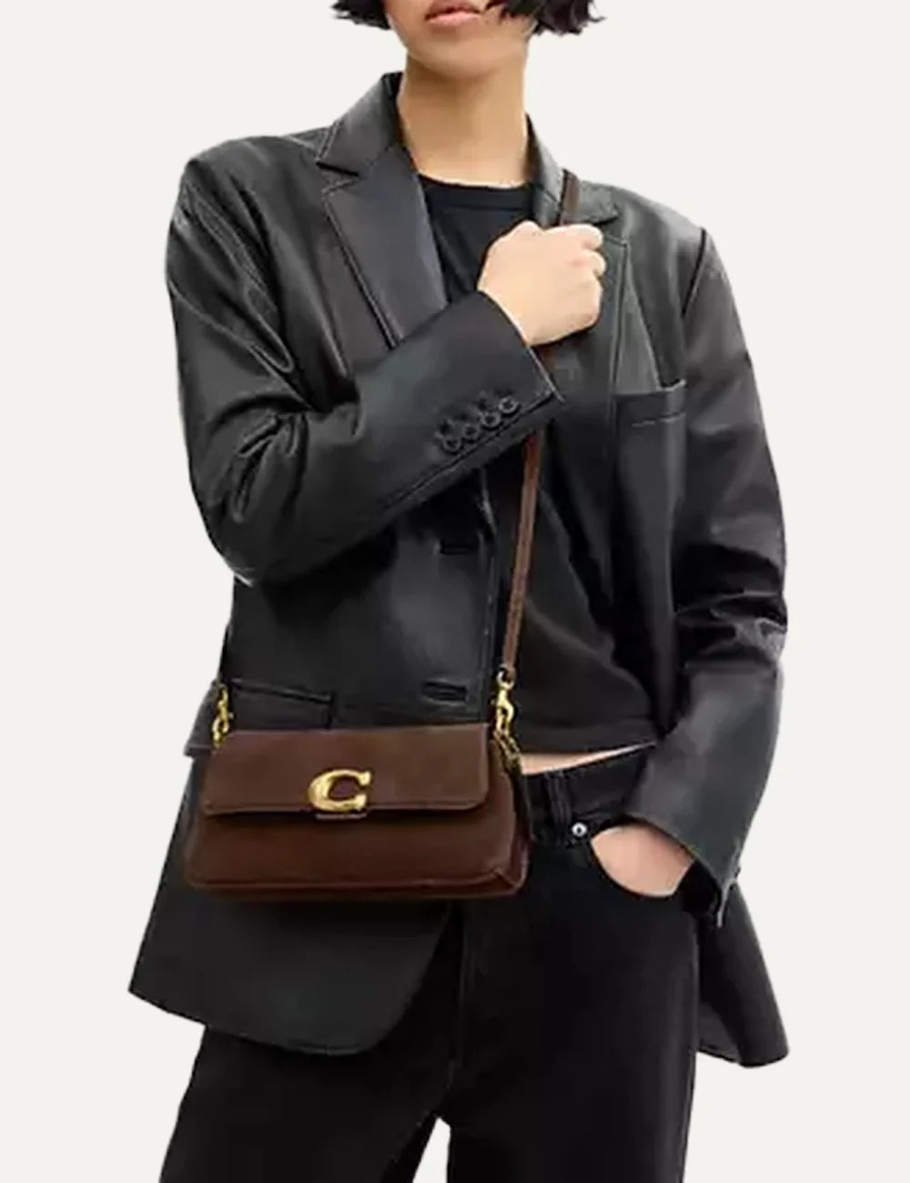 Coach women brown suede leather shoulder bag with gold C logo model